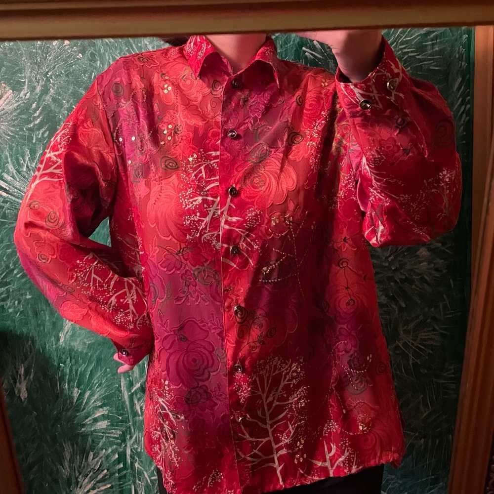 Alia Petites Red Sheer beaded Sequinned Long Sleeve Blouse